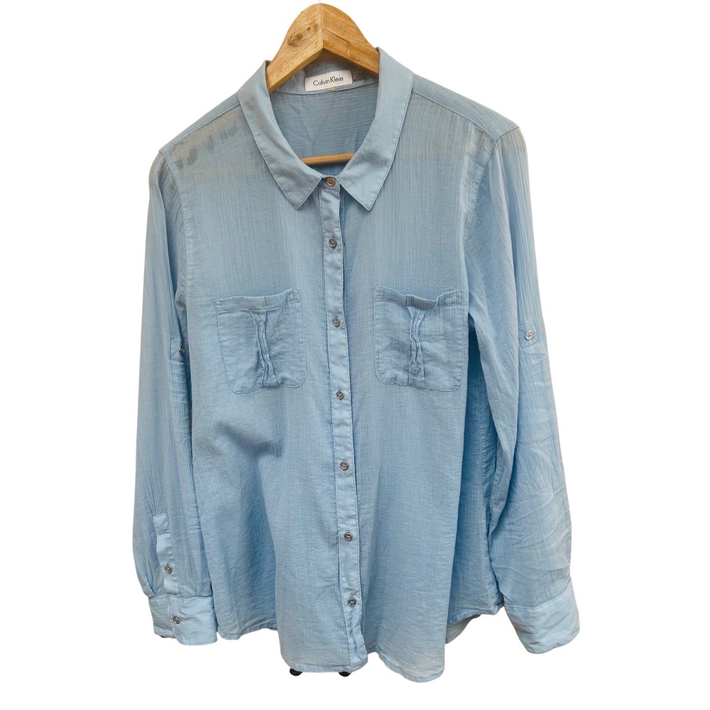 Calvin Klein Light Blue 100% Cotton Roll Tab Sleeve Button Down‎ Shirt Top
